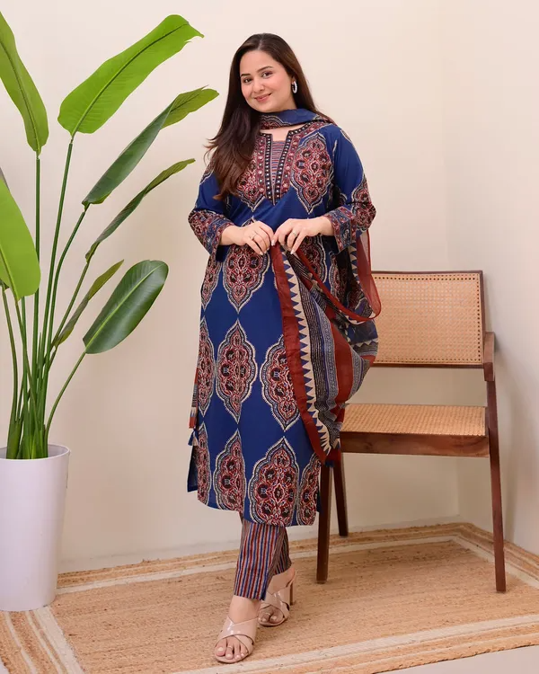 Deserving Royal Blue Cotton Ajrakh Printed Suit Set