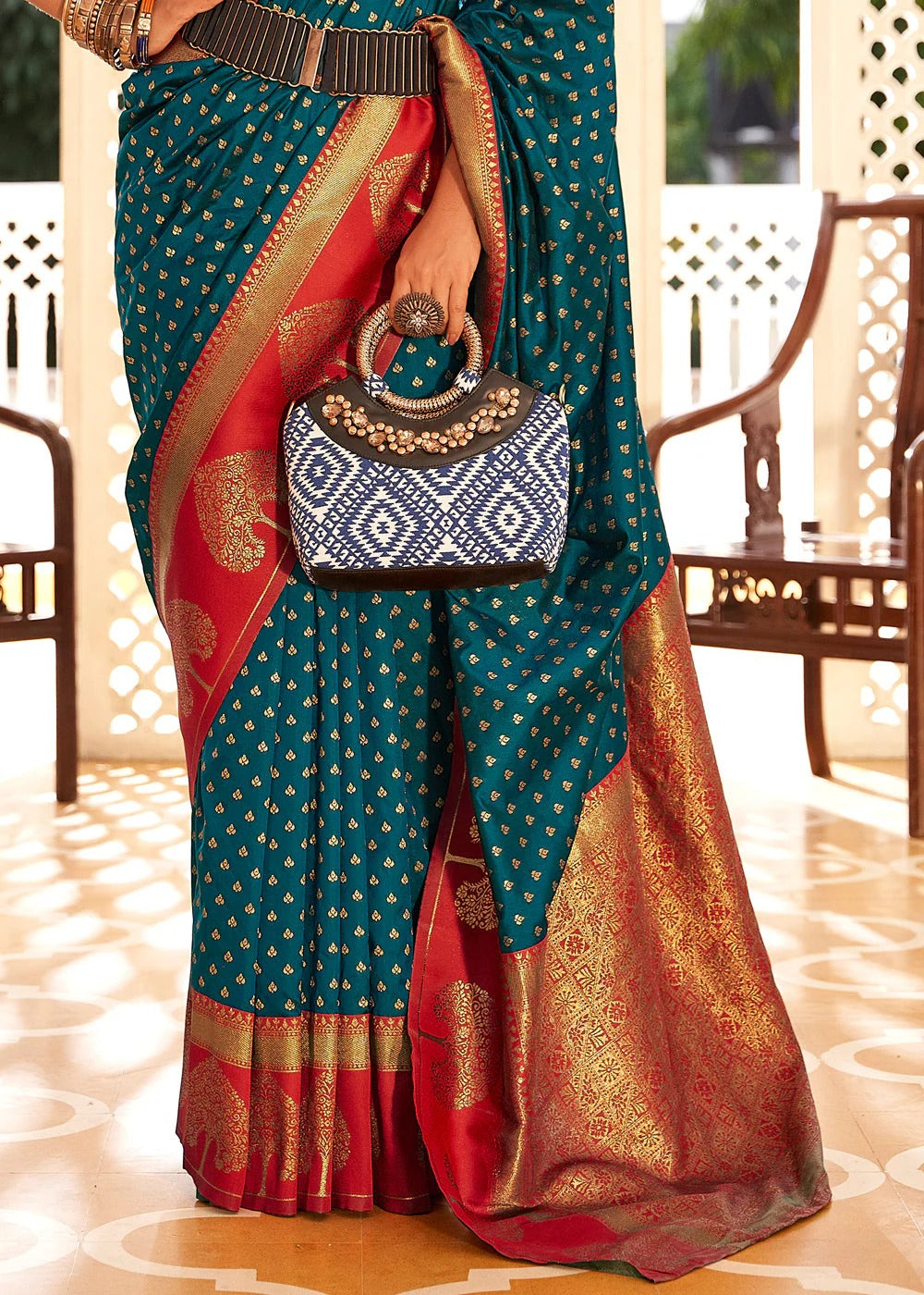 Vrishbha Teal Blue Soft Banarasi Silk Zari Weaving Saree