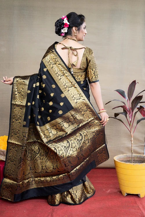 Glorious Black Soft Banarasi Silk Weaving Saree