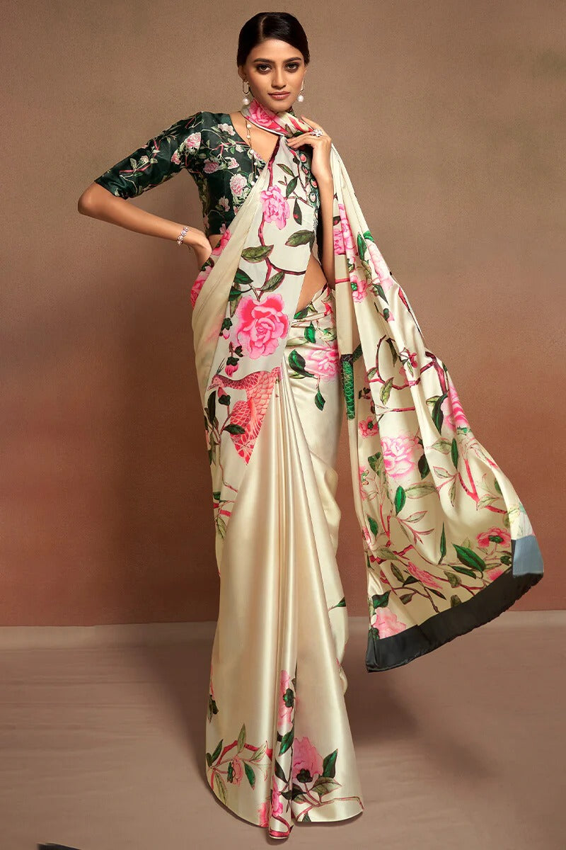 Bollywood Cream Soft Satin Silk Printed Saree