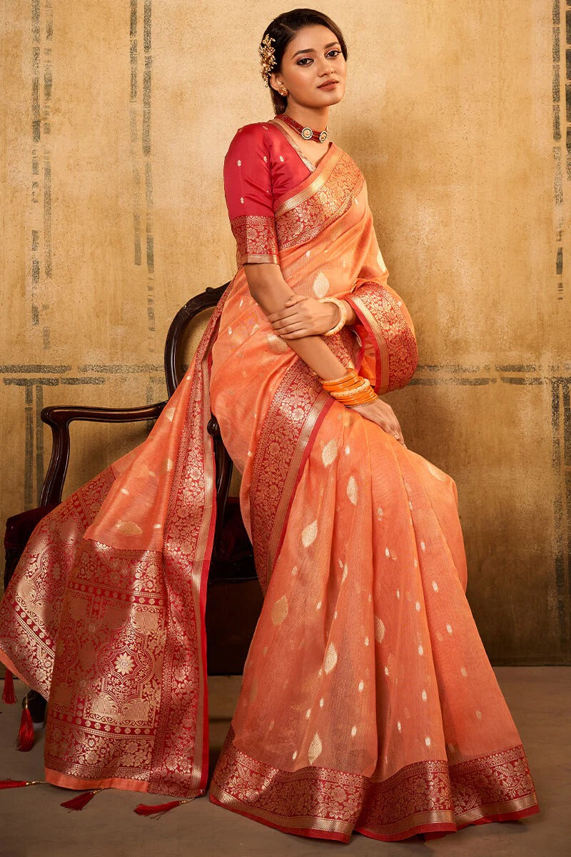 Petals Peach Banarasi Tissue Silk Weaving Saree