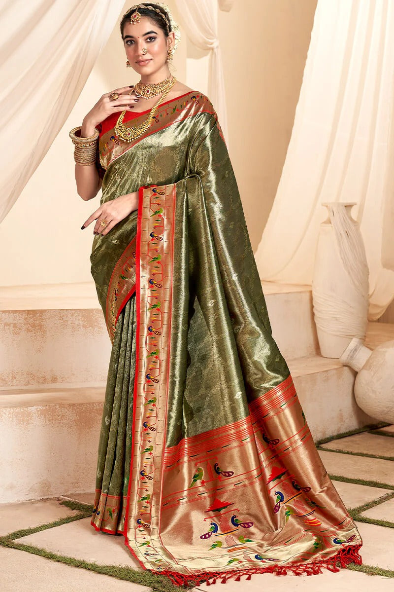 Mangalya Olive Brown Pure Paithani Tissue Silk Weaving Saree