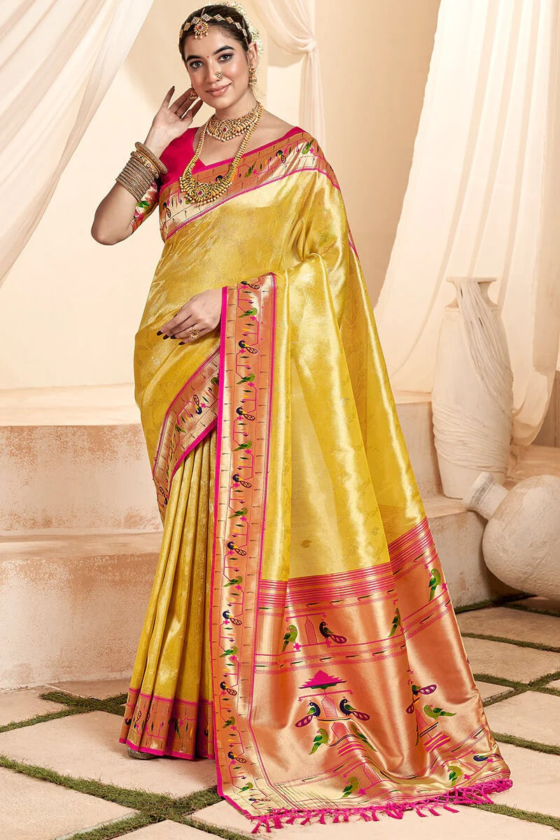 Mangalya Yellow Pure Paithani Tissue Silk Weaving Saree