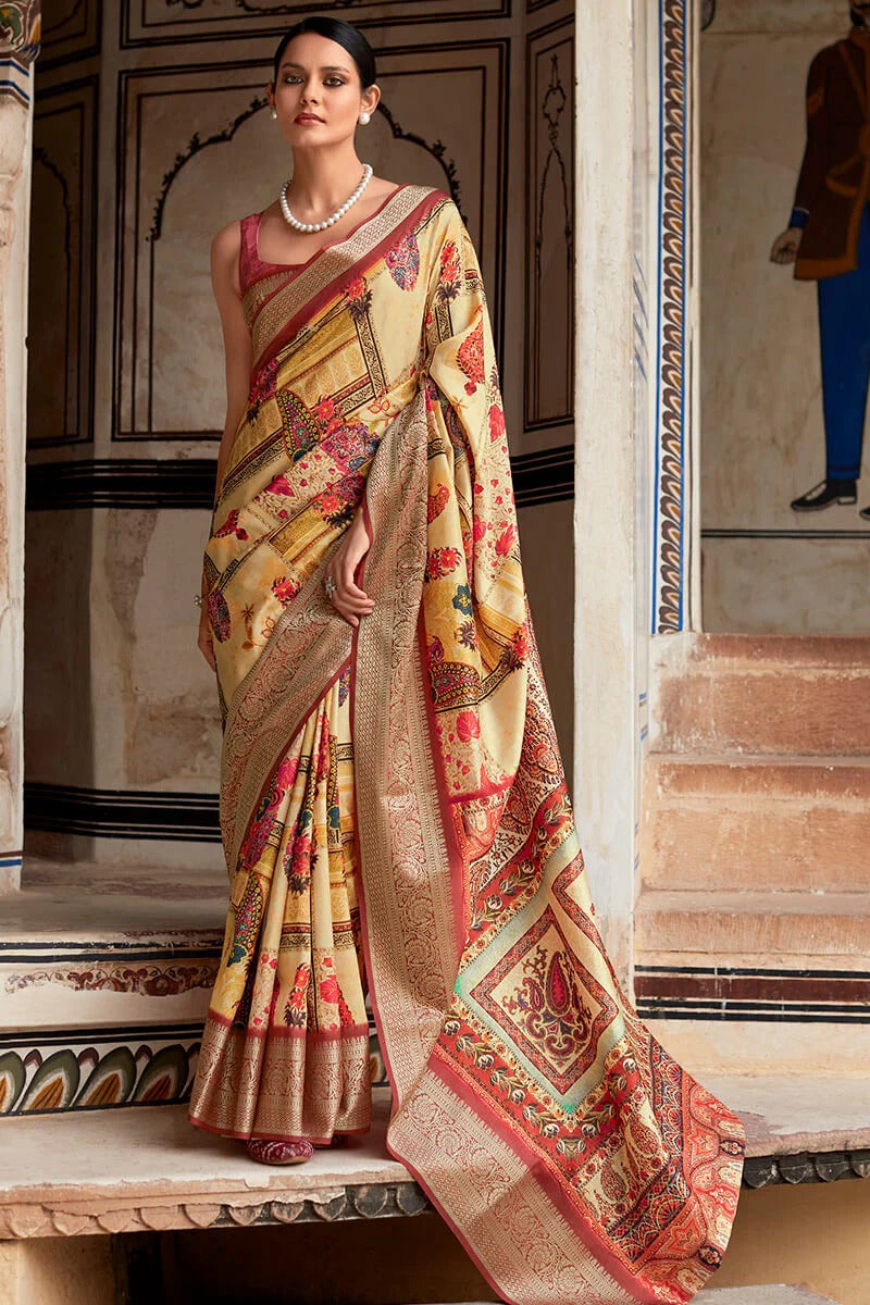 Saaria Yellow Dola Silk Printed Saree