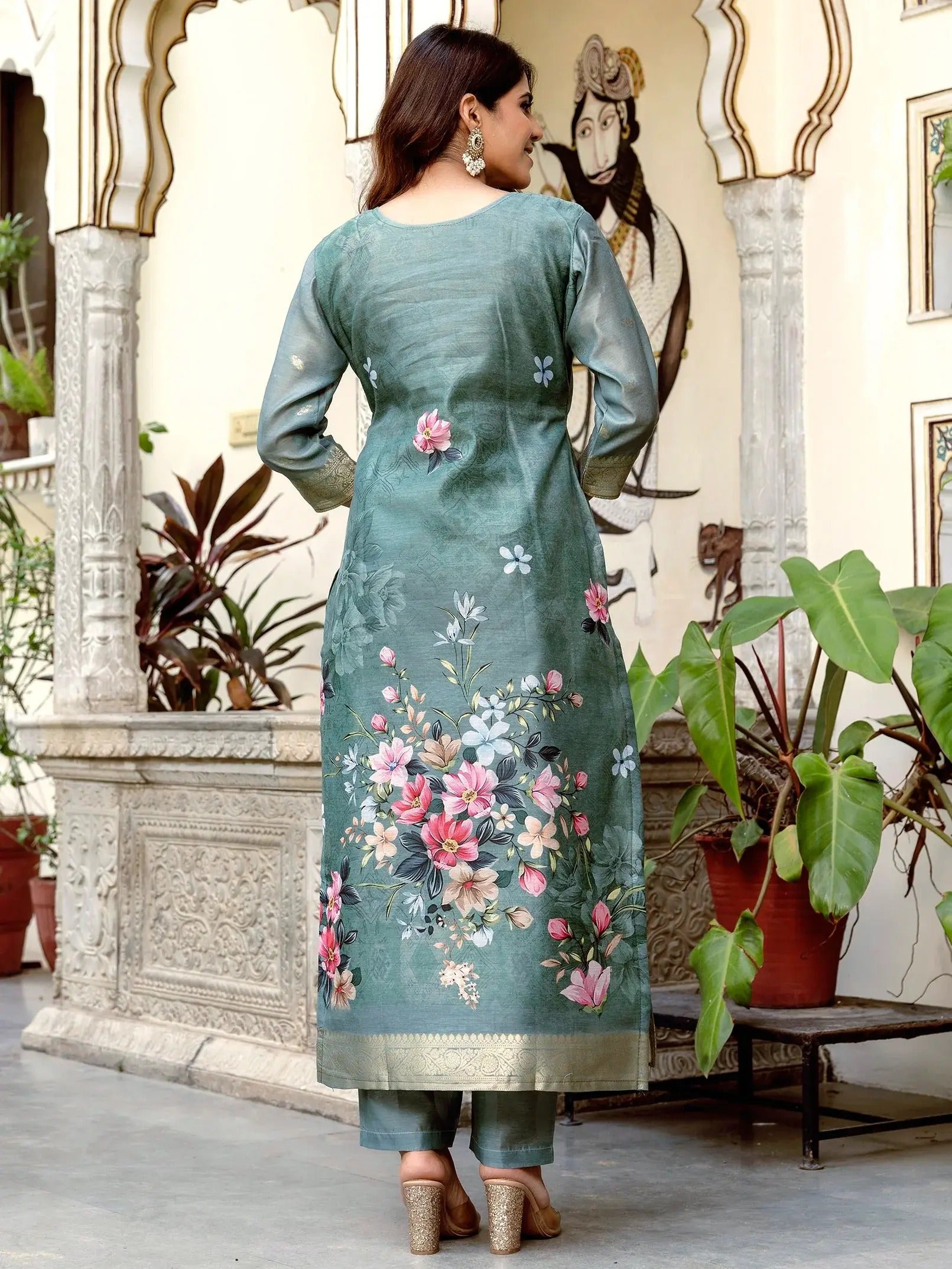 Redolent Grey Viscose Chanderi Silk Zari Weaving Suit Set