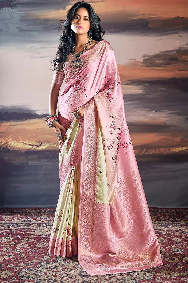 Pratishtha Petal Pink Pure Satin Silk Self Weaving Printed Saree