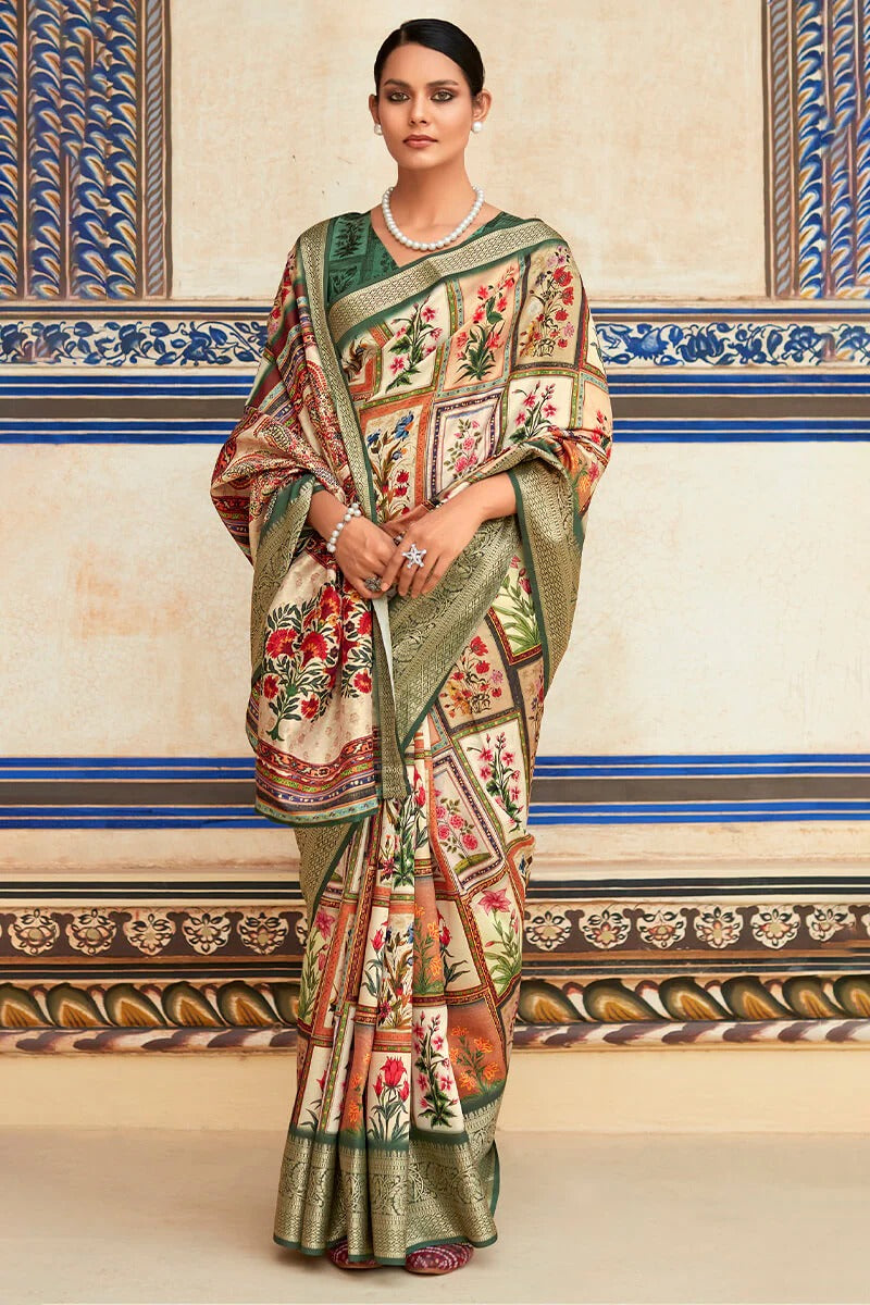 Saaria greenish Beige Dola Silk Printed Saree