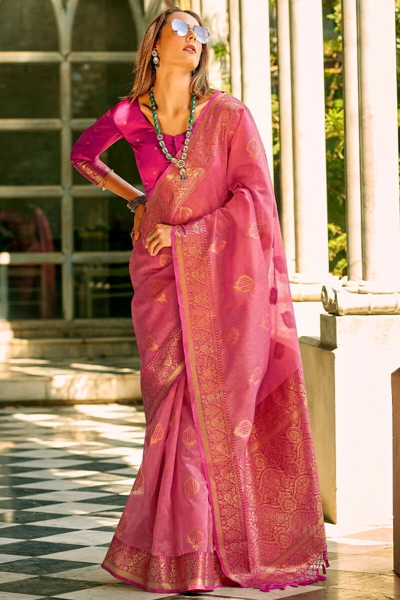 Zil Petal Pink Banarasi Soft Tissue Silk Weaving Saree