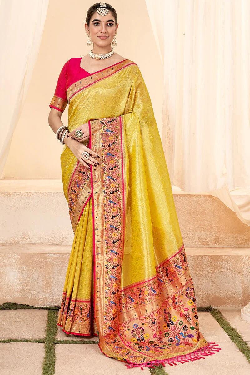 Lavnya Yellow Pure Paithani Tissue Silk Weaving Saree