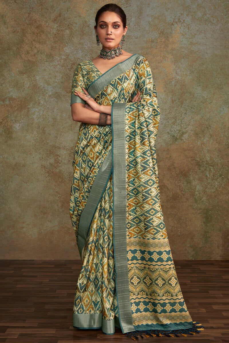 Ritika Pine Green Soft Silk Printed with Sequence Weaving Saree