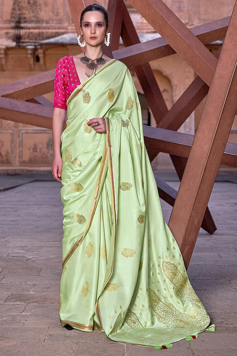 Neha Pista Green Banarasi Satin Silk Weaving Saree