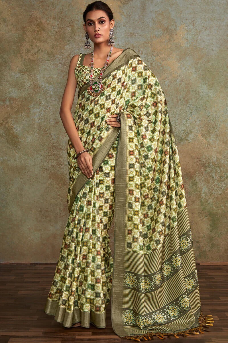 Ritika Mint green Soft Silk Printed with Sequence Weaving Saree