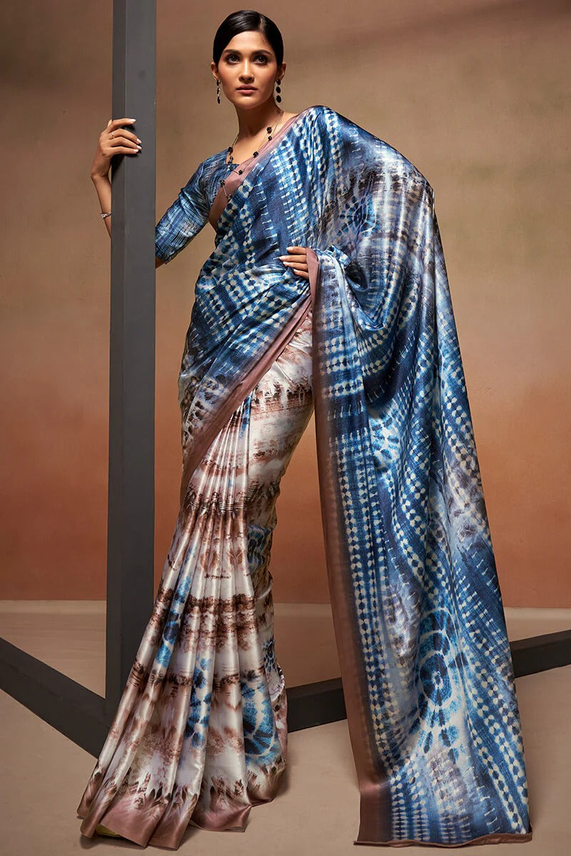Bollywood Blueish Brown Soft Satin Silk Printed Saree