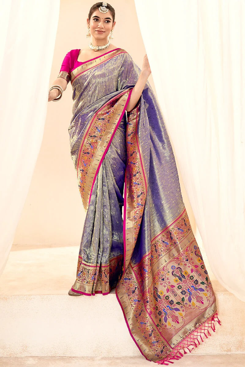 Lavnya Pewter Blue Pure Paithani Tissue Silk Weaving Saree