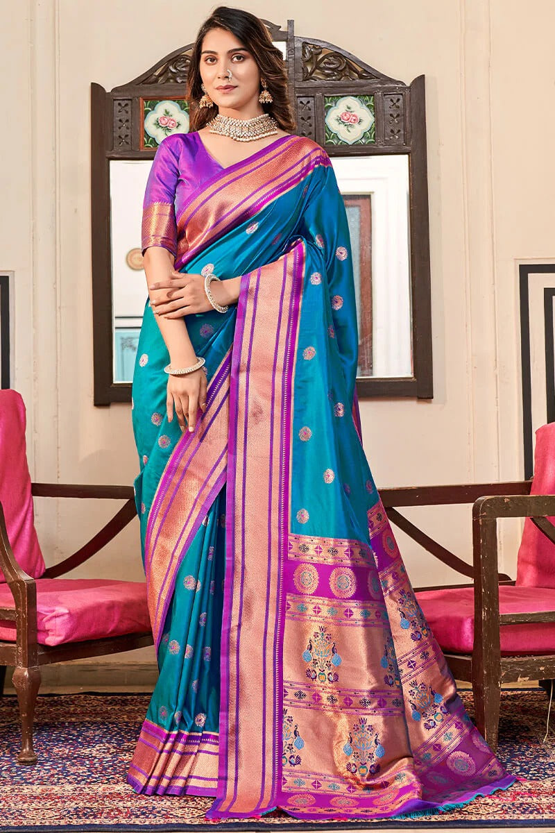 Apporva Sky Blue Pure Soft Paithani Silk Weaving Saree