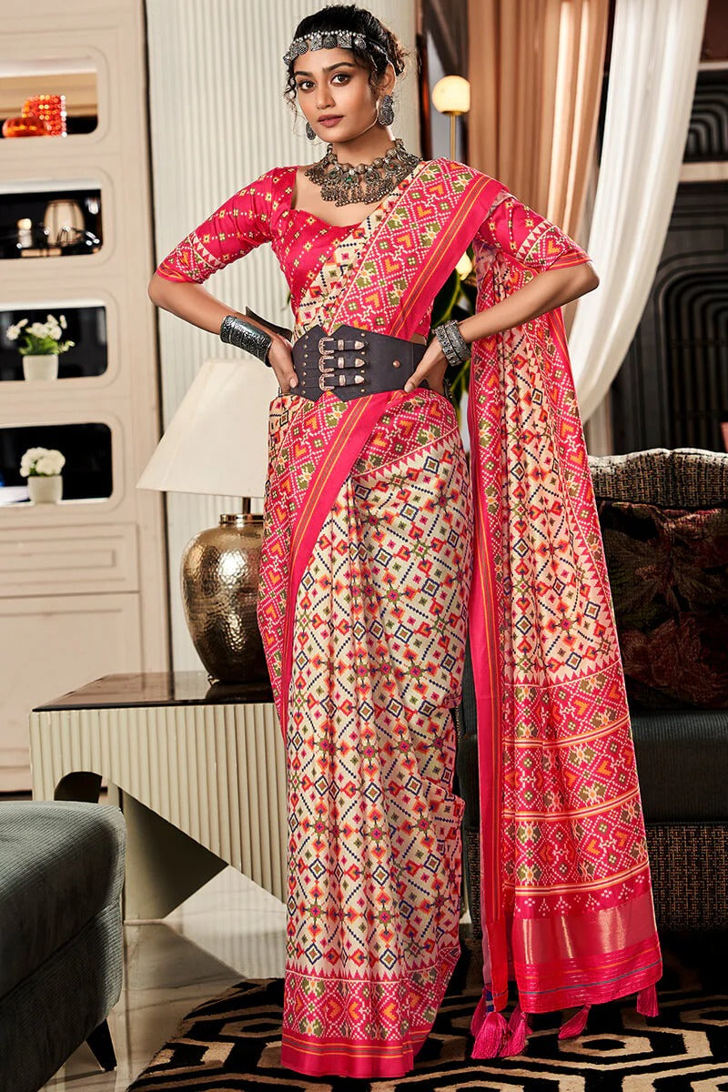 Bandhan Beige Tusser Patola Silk Lagdi Pallu Saree