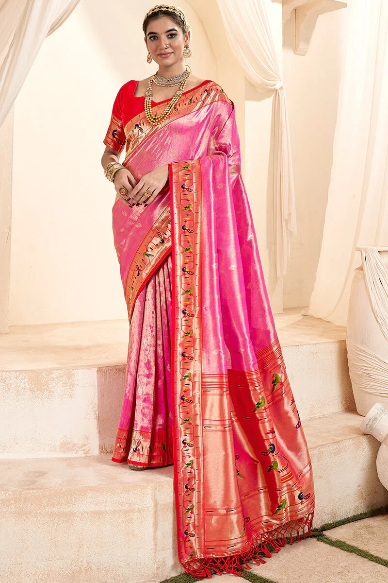 Mangalya Pink Pure Paithani Tissue Silk Weaving Saree