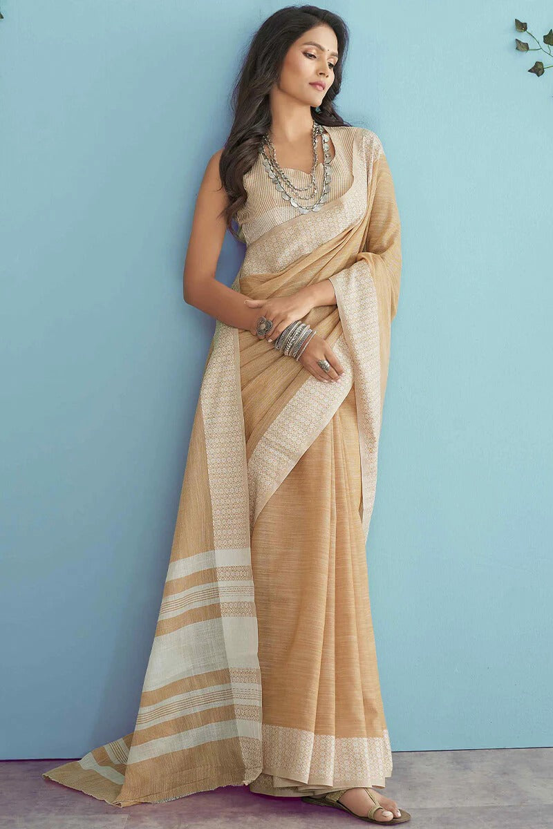 Aarzoo Beige Chikankari Linen Silk Weaved Saree