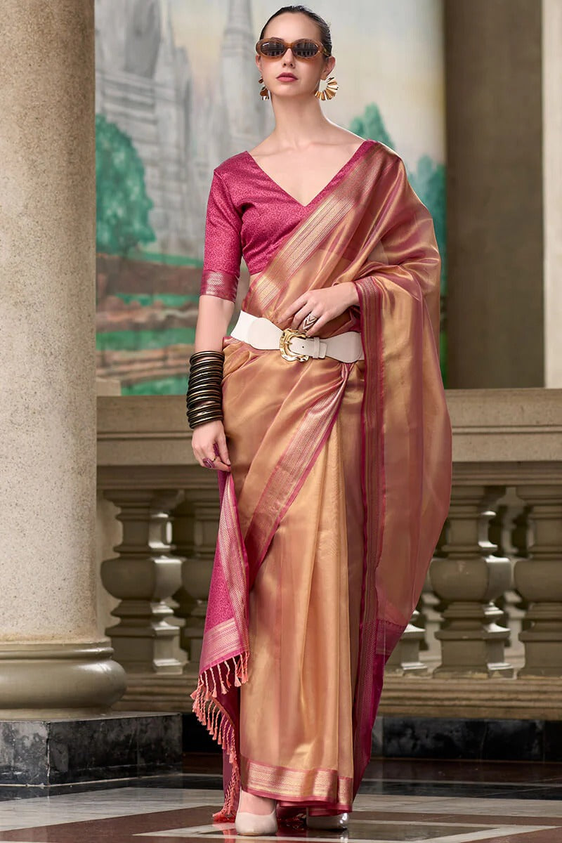 Titan Toasted pink Pure Tissue Silk Weaving Saree