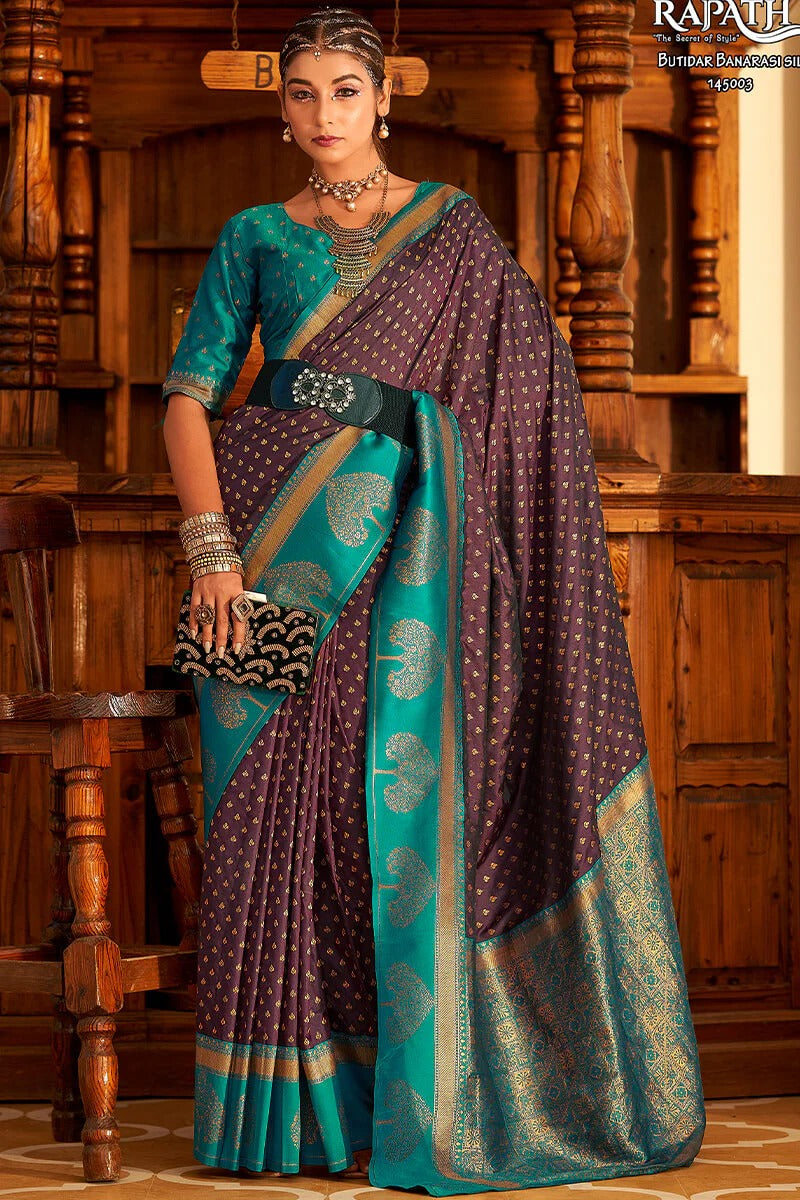 Vrishbha Plum Brown Soft Banarasi Silk Zari Weaving Saree