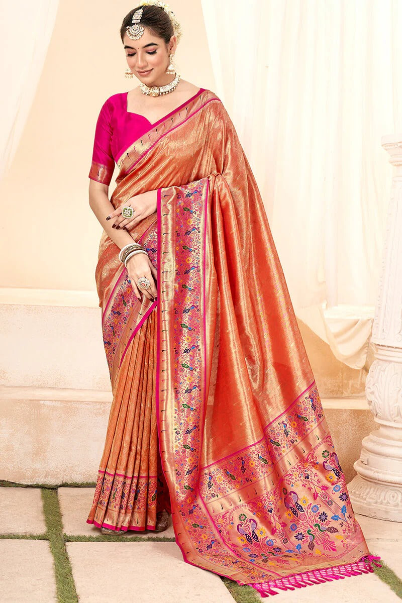 Lavnya Orange Pure Paithani Tissue Silk Weaving Saree
