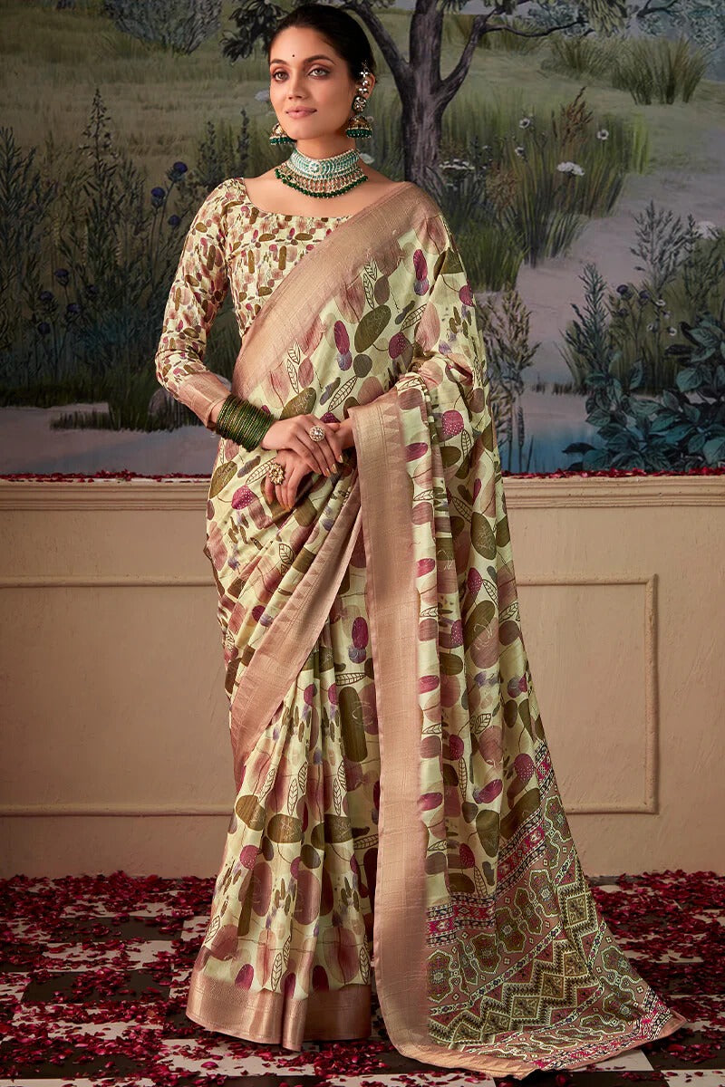Shimoni Moss Green Tussar Silk Printed Saree