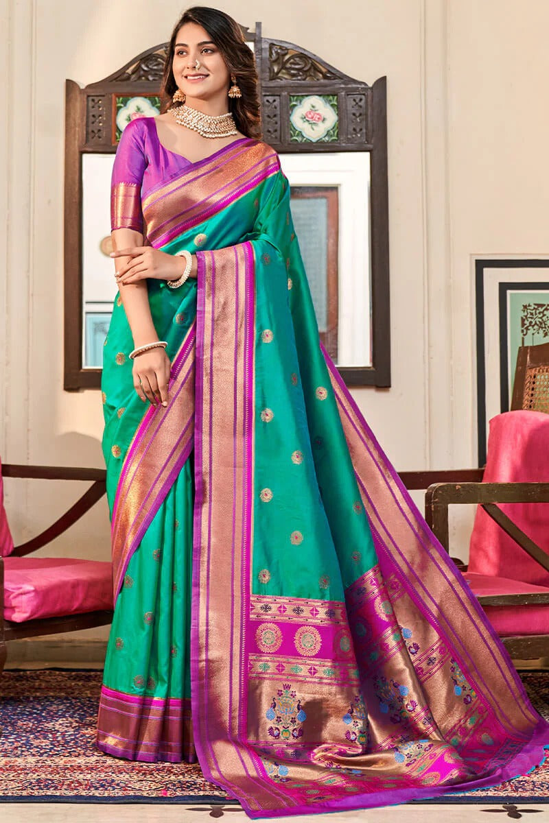 Apporva Teal Pure Soft Paithani Silk Weaving Saree