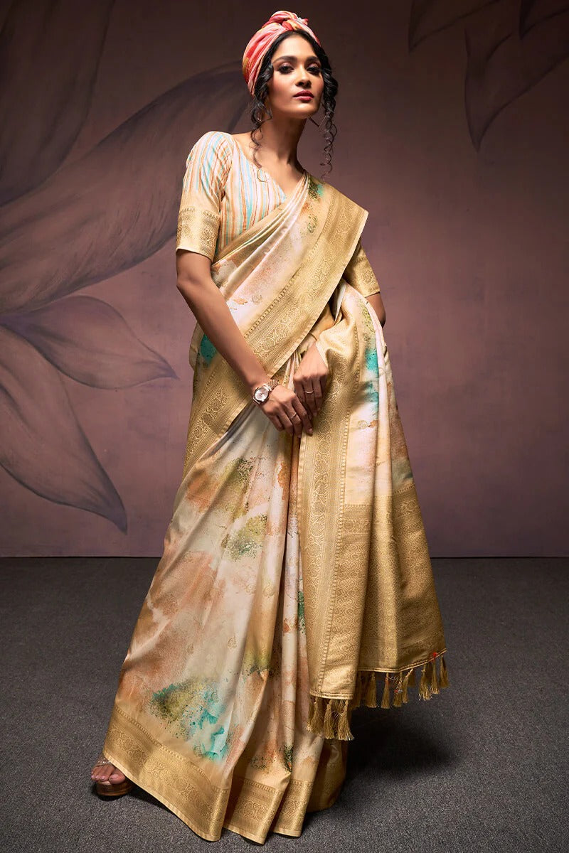 Rangrezza Beige Soft Silk Printed Saree