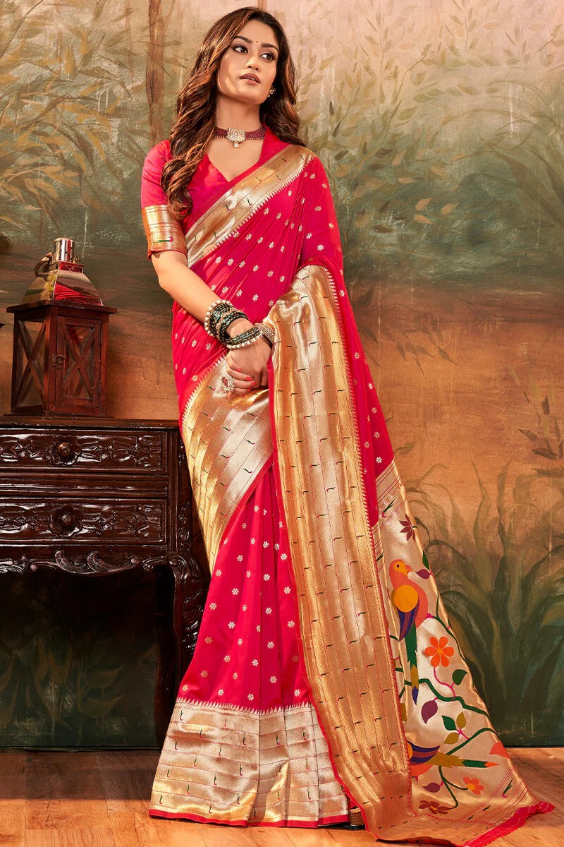 Pavitra Cherry Pink Pure Paithani Silk Zari Weaving Saree