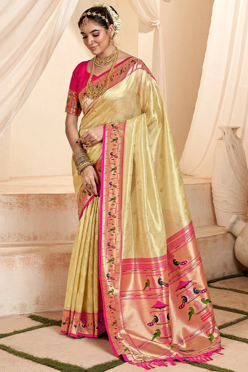 Mangalya Cream Pure Paithani Tissue Silk Weaving Saree