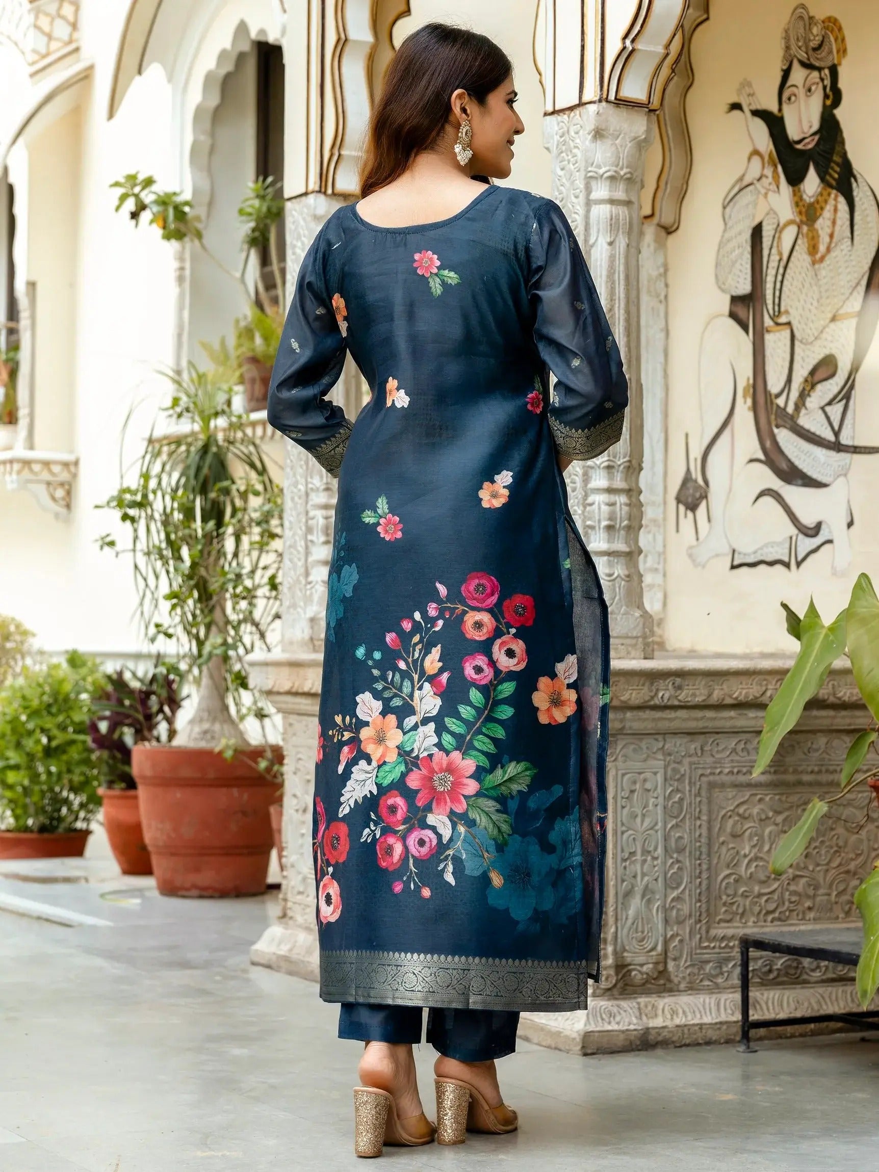 Glamorou Navy Blue Viscose Chanderi Silk Zari Weaving Suit Set