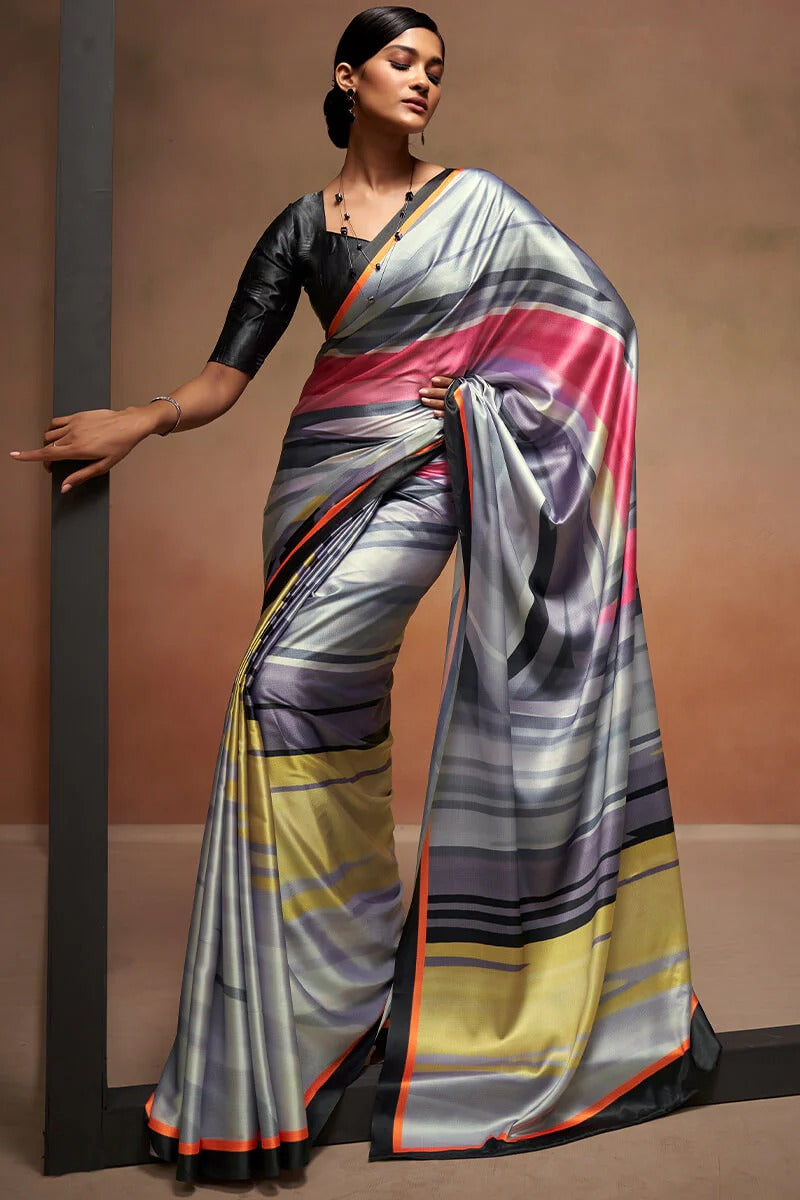 Bollywood Grey Soft Satin Silk Printed Saree