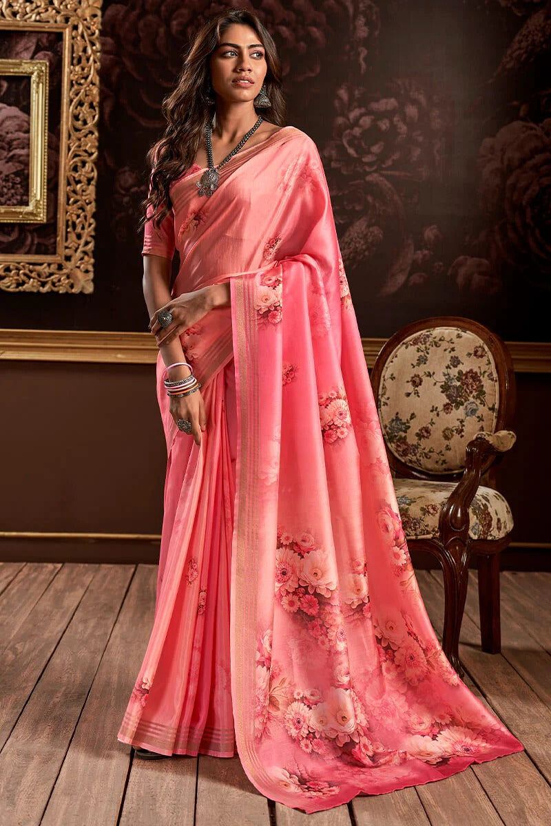 Gangotri Dusty Pink Soft Handloom Silk Floral Printed Saree