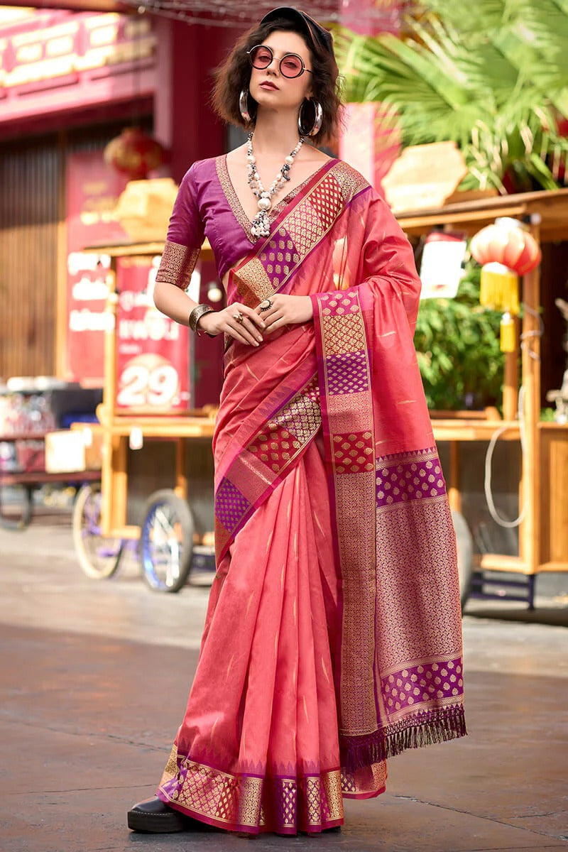 Rangoli Shell Pink Pure Soft  Banarasi Silk Weaving Saree