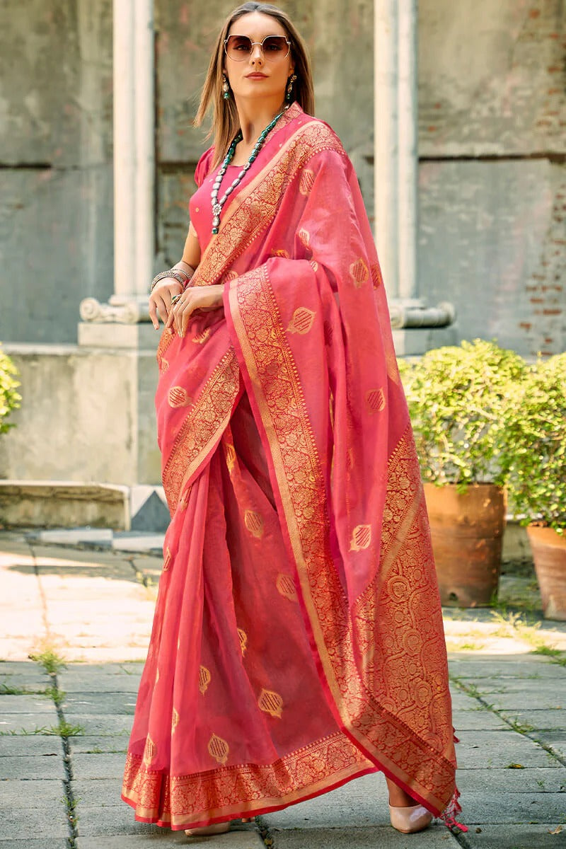 Zil Sunset Pink Banarasi Soft Tissue Silk Weaving Saree