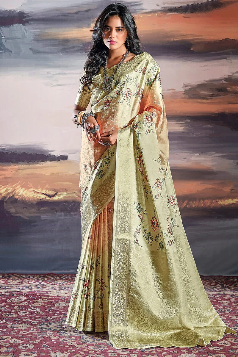 Pratishtha Almond Cream Pure Satin Silk Self Weaving Printed Saree