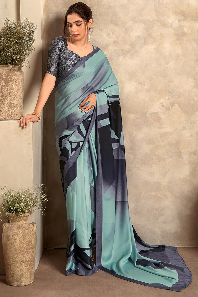 Jasmin Capri Blue Soft Satin Silk Printed Saree