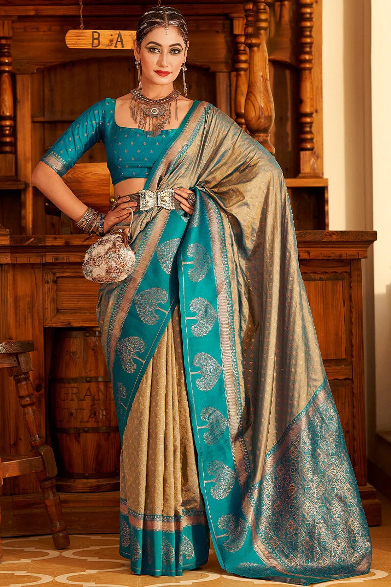 Vrishbha Blueish Beige Soft Banarasi Silk Zari Weaving Saree