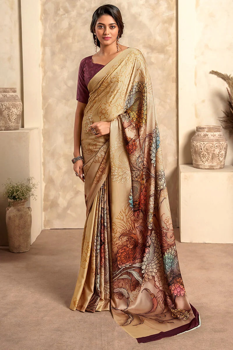 Winter Dearest Clay Soft Satin Silk Printed Saree