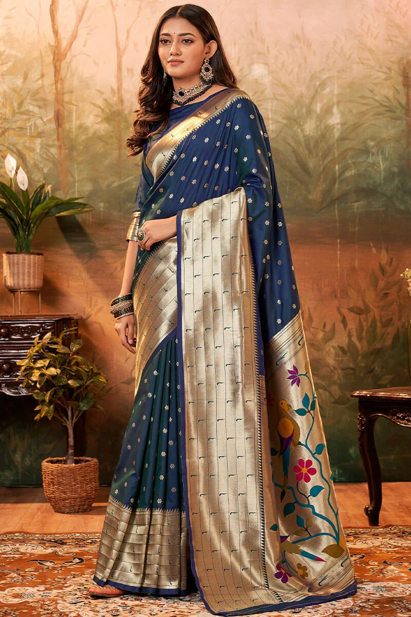 Pavitra Blue Pure Paithani Silk Zari Weaving Saree