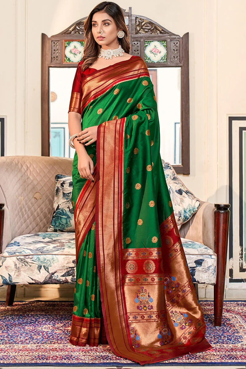 Apporva Dark Green Pure Soft Paithani Silk Weaving Saree