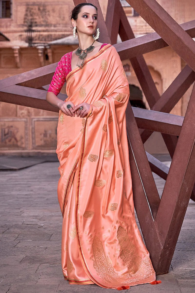 Neha Terra Peach Banarasi Satin Silk Weaving Saree