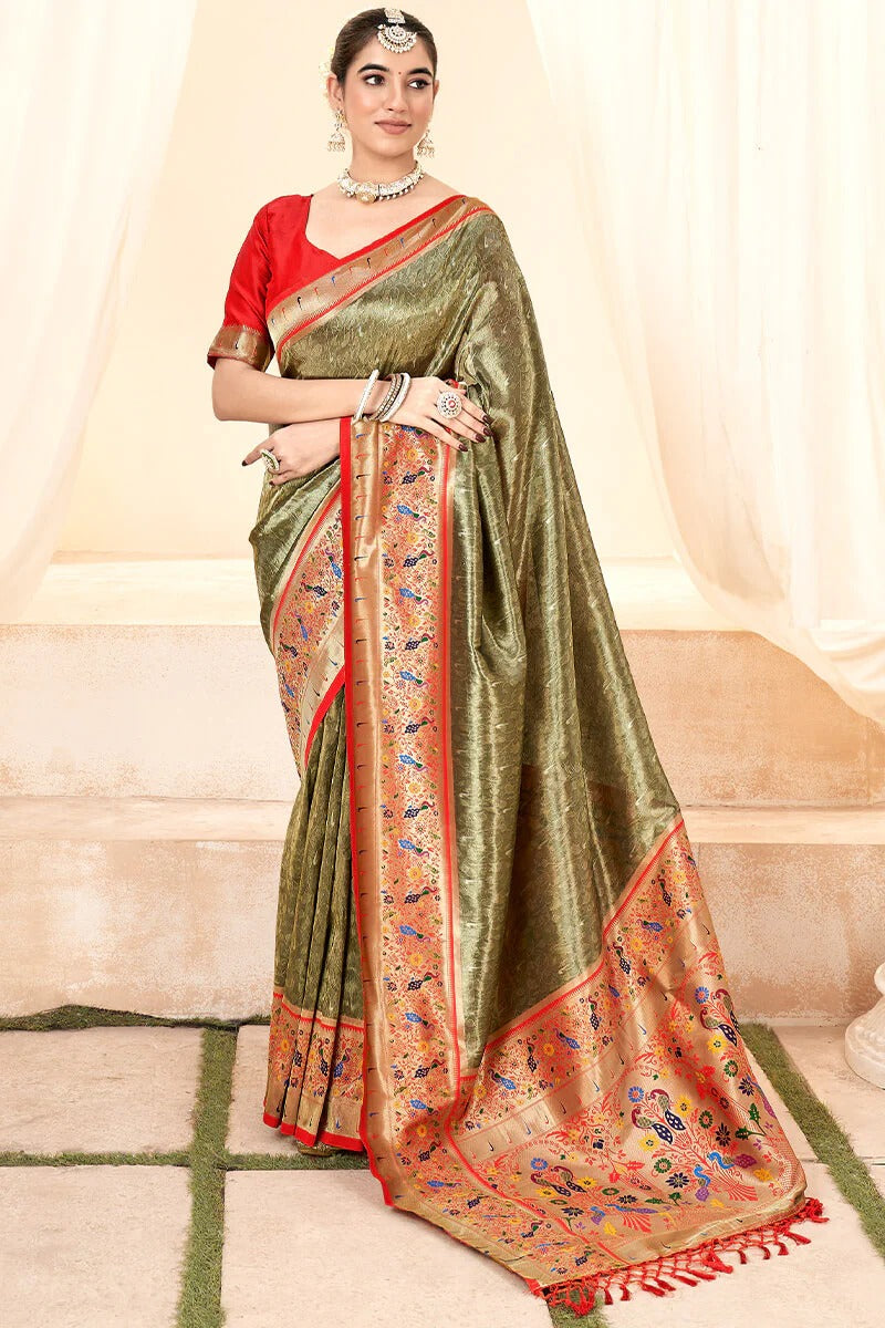 Lavnya Mud Brown Pure Paithani Tissue Silk Weaving Saree