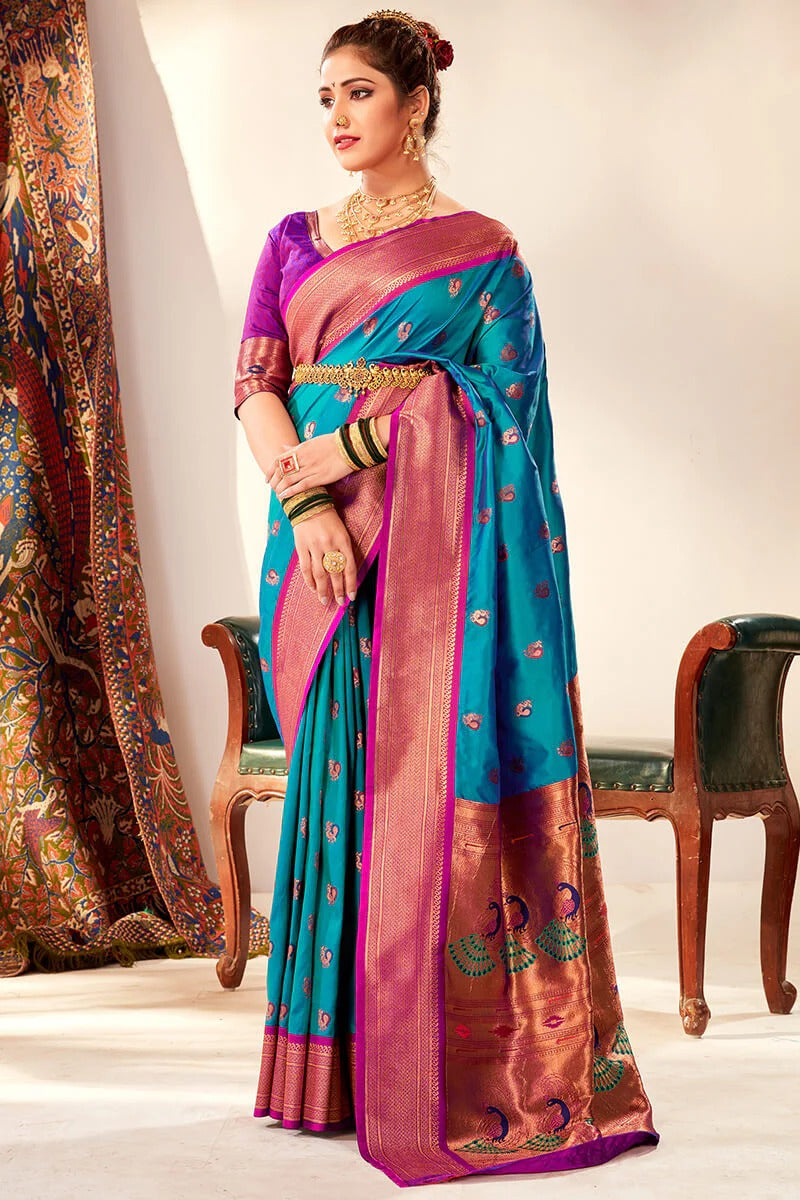 Apporva Costal Blue Pure Soft Paithani Silk Weaving  Saree