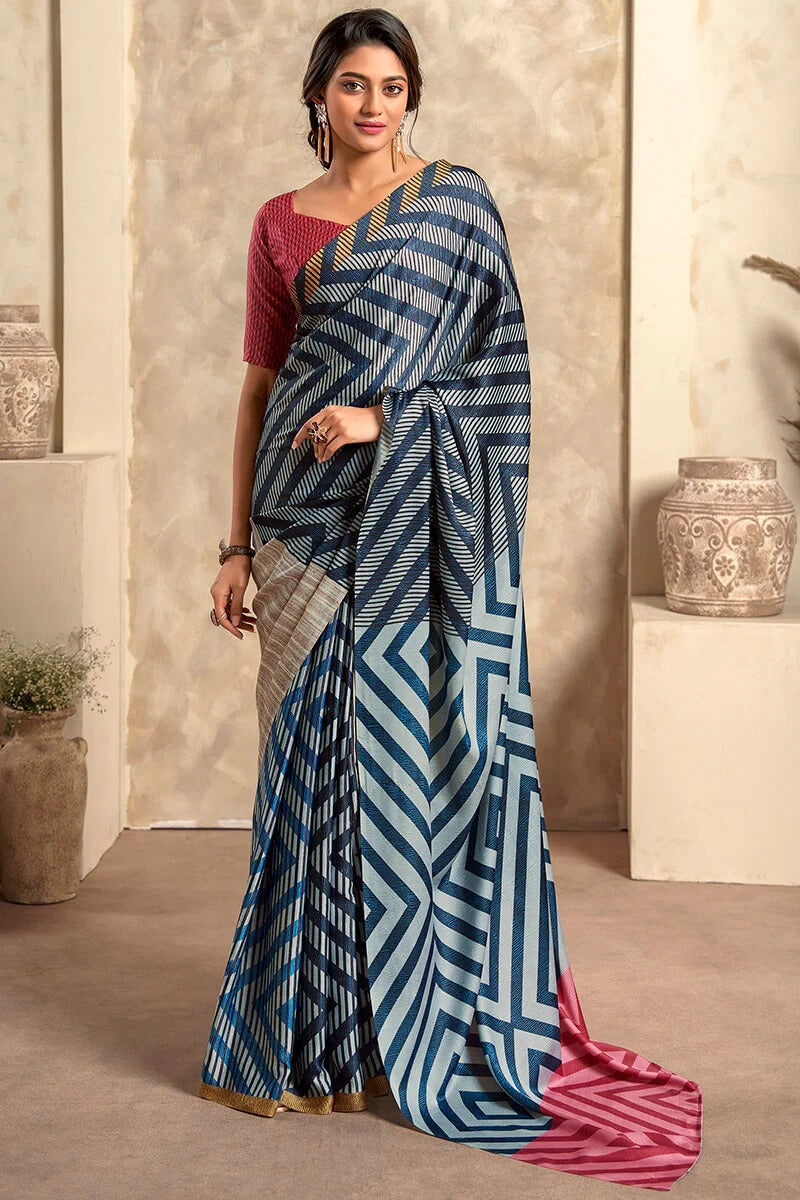 Winter Powder Blue Soft Satin Silk Printed Saree