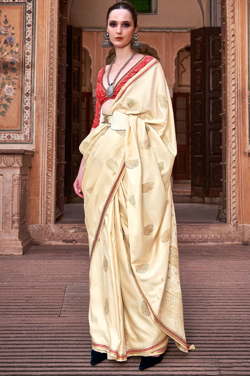 Neha Cream Banarasi Satin Silk Weaving Saree