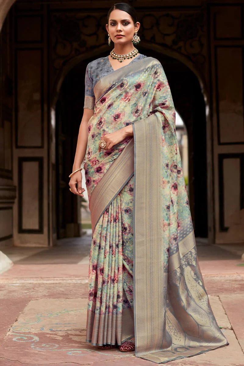 Kavisha Smoky Grey Nylon Crape Printed Silk Weaving Saree