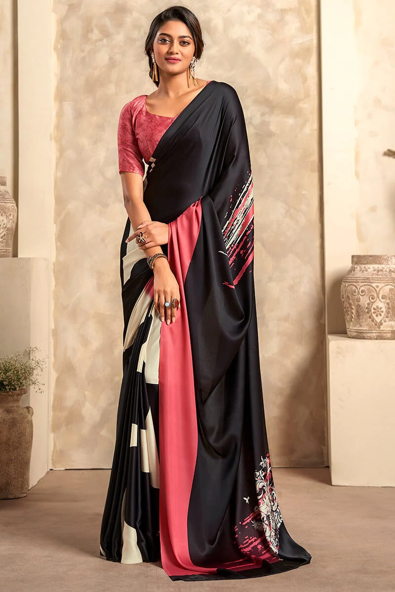 Jasmin Black Beige Soft Satin Silk Printed Saree