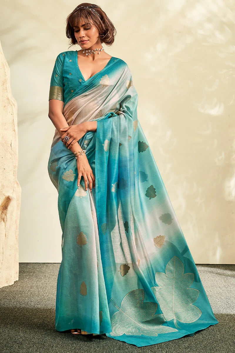 Asopalava Powder Blue Pure Handloom Khadi silk Printed Saree