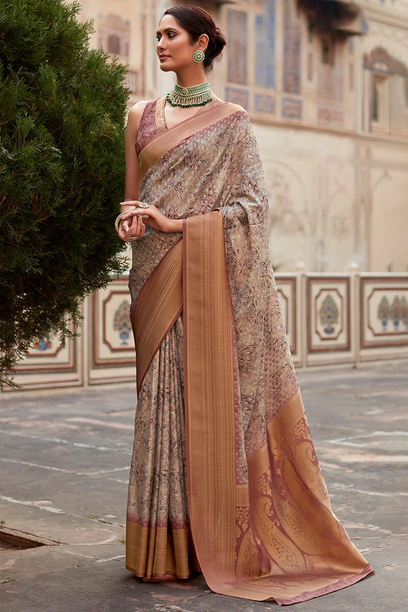 Kavisha Beige Nylon Crape Printed Silk Weaving Saree